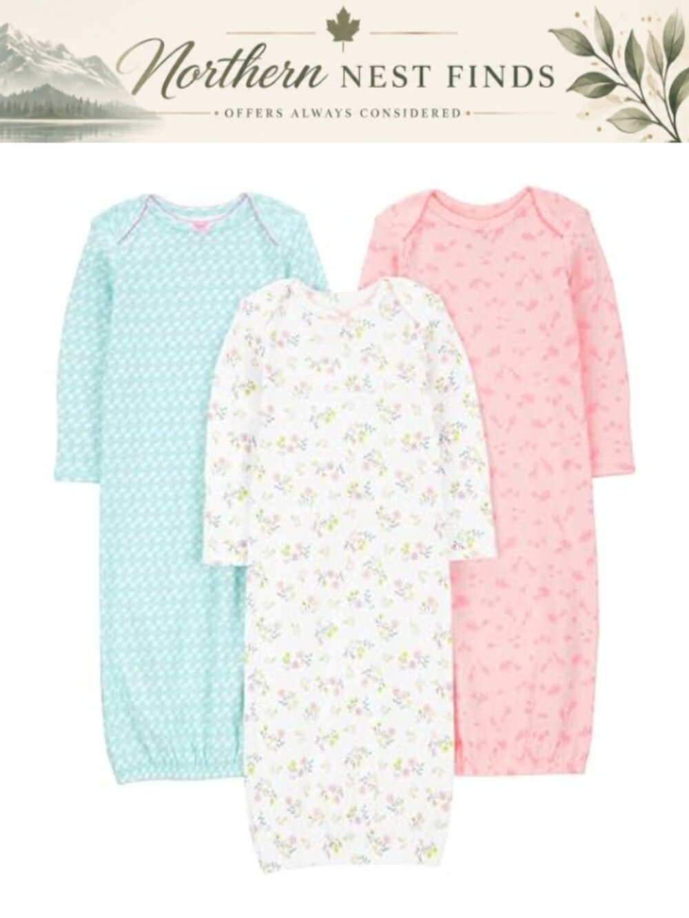 Baby Girls 3-Pack Cotton Sleeper Gowns Long Sleeve Pull On